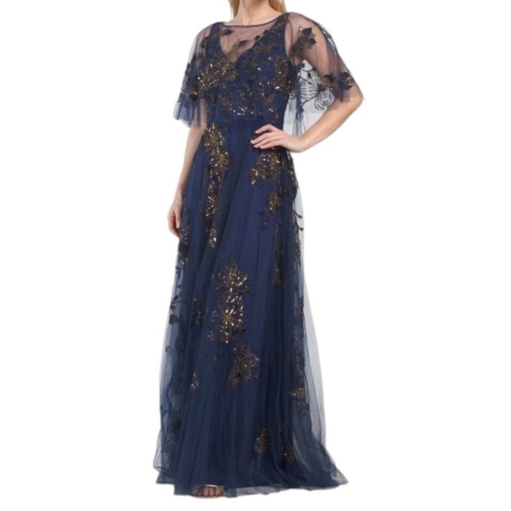 Theia Jaylee Navy Gold Embroidered Beaded Capelet Gown Size 4 NWOT